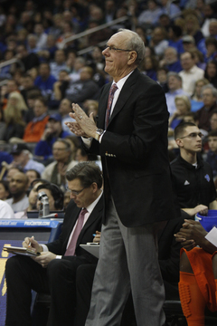 Jim Boeheim works the sidelines in the Orange's 76-65 win at Seton Hall Saturday night.