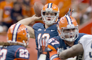 Syracuse quarterback Ryan Nassib goes to pass in the Orange's 14-13 win over Pittsburgh on Friday. Nassib and the SU offense got off to a strong start and had a 14-point lead by the end of the first quarter. 