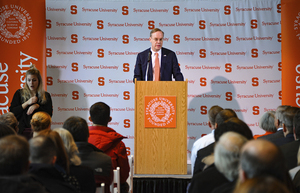 SU Chancellor Kent Syverud addresses audience members during his Winter Message address on Tuesday.