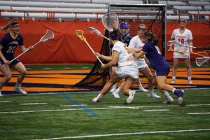 Emily Hawryschuk cradles near the goal.