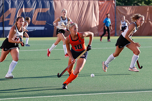 Freshman Charlotte de Vries takes the ball forward towards Lafayette's goal.