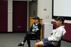 Professor Kelly Gallagher and senior Kevin Tsai lead the guided discussion panel after screening A24's 