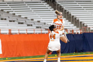 Katie Goodale celebrates with Emma Ward after scoring against Cornell. The goal was Goodale's career-first