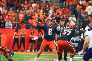 Halfway through his first season at Syracuse, quarterback Kyle McCord is on pace to break many of the Orange’s single-season passing records. 