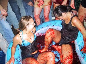 Two members of the SU girls club soccer team, Jenna Halpin, a freshman advertising and marketing major, and Jackie Friedman, a freshman in the S.I. Newhouse School of Public Communications, wrestle one another in a pool of Jell-O at a party on Friday night.