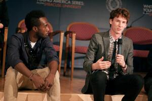 Yusuf Abdul-Qadir and Josh Bransky, an engagement fellow at SU, and a freshman architecture major, respectively, participate in Wednesday nights first-ever White House Young America Series, The event took place in Joyce Hergenhan Auditorium from 6-9 p.m.