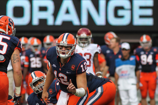 Syracuse Orange quarterback Ryan Nassib #12 yells before a snap in the first half.