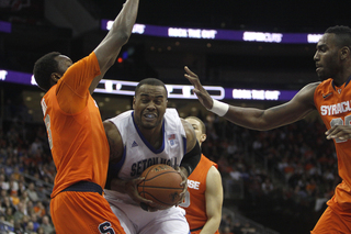 Jerami Grant defends the low post in the Orange's Big East win against Seton Hall Saturday. The win vaults SU back into a three-way tie for first place in the conference.