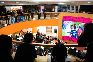 Soccer fans crowd into the Schine Student Center and eagerly huddle around the big screen to watch the games. Finding a seat in the lower level was nearly impossible last week as students rooted for their teams daily at 10 a.m. and 2 p.m.